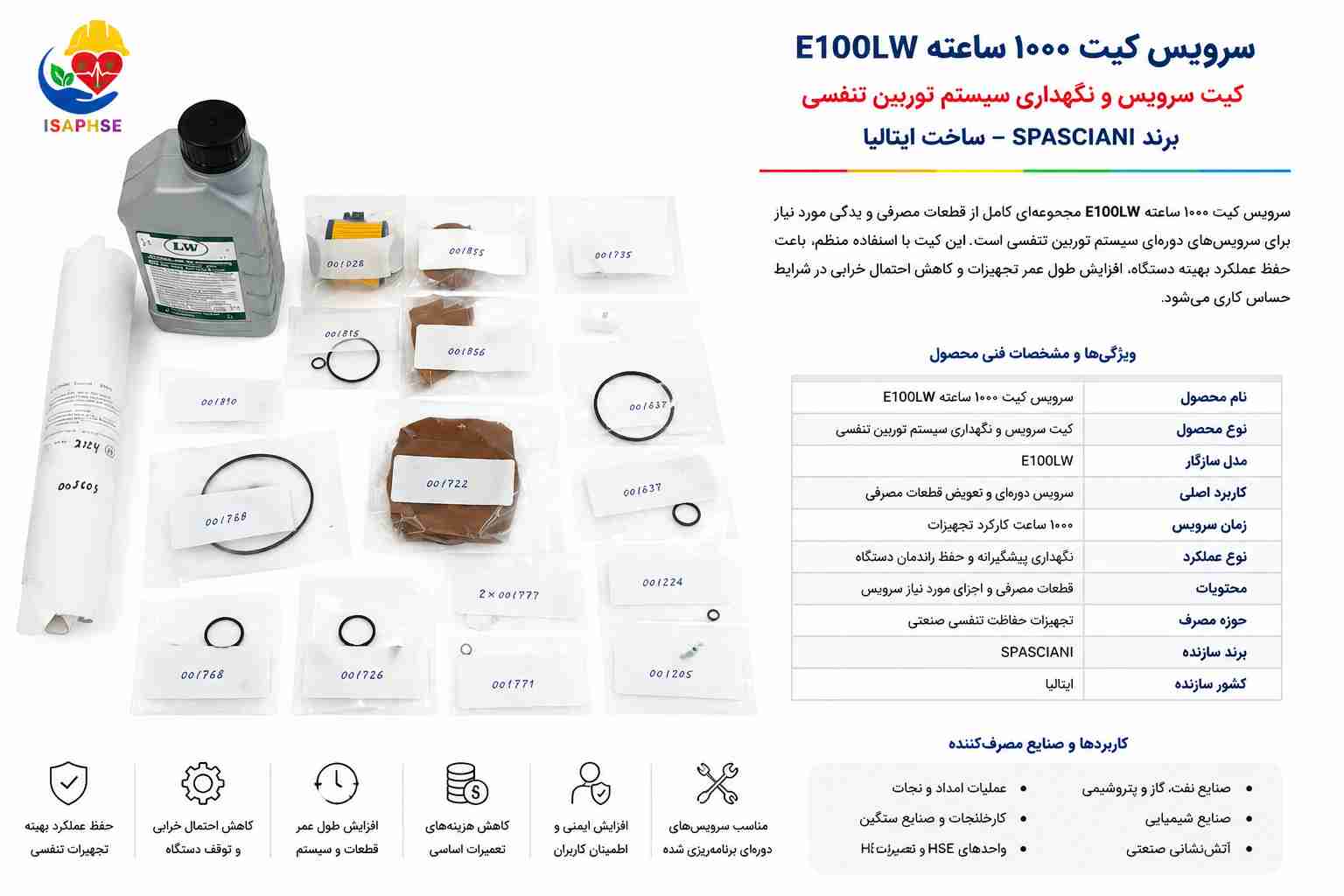 سرویس کیت ۱۰۰۰ ساعته E100LW | کیت نگهداری سیستم توربین تنفسی SPASCIANI